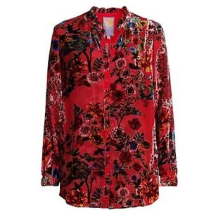 Johnny Was Yoella Floral Velvet Silk Burnout Shirt Red Bobcat Forest XS NWT